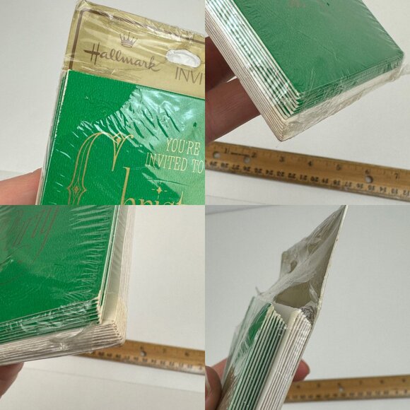 Vtg Retro Hallmark Christmas Party Invitation Green Gold Metallic Elegant Font - Picture 4 of 11